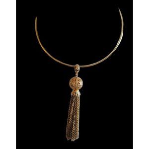 Vintage Necklace Torque Choker Gold Tone Filigree Bead Tassel 5" Pendant